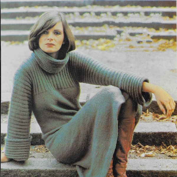 sophisticated cowl neck dress downloadable PDF pattern structured 70s style sweater dress vintage knit pattern