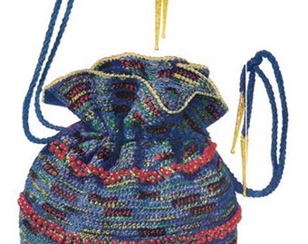May include: A blue crocheted drawstring bag with a round shape. The bag features red and gold accents, a blue drawstring, and gold-colored tips. The bag's body is a mix of blue, green, and black threads.