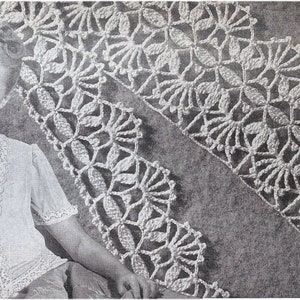May include: A black and white image of a woman wearing a white blouse with lace trim. The image also shows a close-up of a white, crocheted lace pattern, possibly for a garment or home decor. The lace features a floral design.