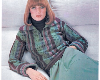 Split Neck Large Collared Crochet Jumper with Knit Trim