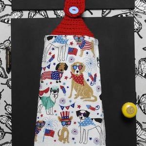 Fourth of July hanging kitchen towel - stars fireworks dog puppy bbq - crochet top hand towel or tie top with button oven fridge summer