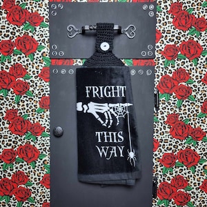 Halloween Skeleton hanging kitchen towel - skull fright this way web spider crochet top hand towel or tie top with button oven fridge towel