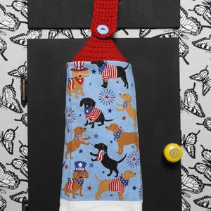 Fourth of July hanging kitchen towel - stars fireworks dog puppy bbq - crochet top hand towel or tie top with button oven fridge summer