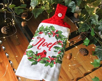 Christmas Hanging kitchen towel - Noel in wreath cardinal mistletoe wreath - crochet top hand towel - tie top - button xmas holiday red bird