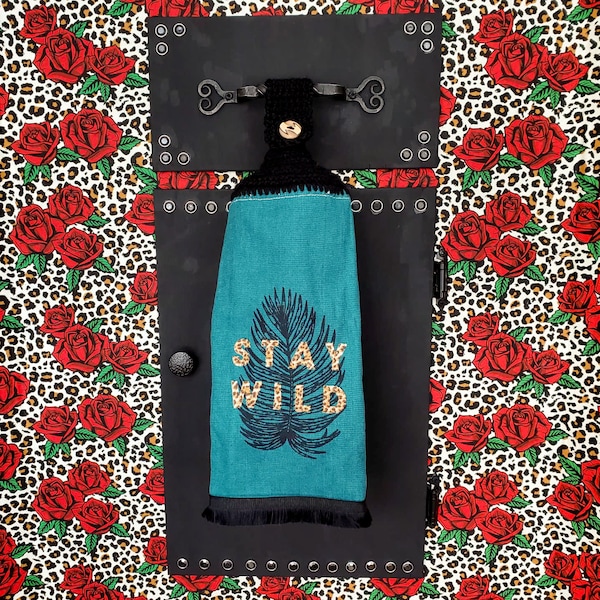 Cheetah Animal Print Hanging kitchen towel - STAY WILD - crochet top hand towel - tie top - button - brown black leopard feather leaf jungle