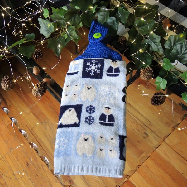 Winter Hanging kitchen towel - eskimo seal bear snowflake - crochet top hand towel - tie top - button xmas holiday season red green scarf