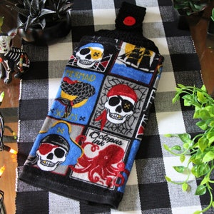 Halloween Pirate hanging kitchen towel - skull mermaid octopus - crochet top hand towel or tie top with button - oven fridge towel - ocean