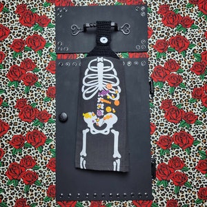 Halloween Skeleton hanging kitchen towel - candy skull bones ribs - crochet top hand towel or tie top with button - oven fridge towel