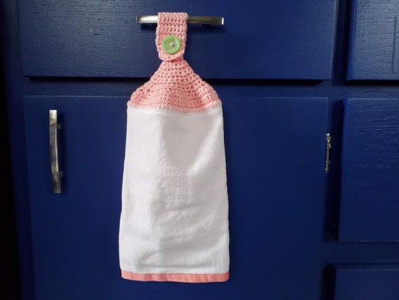 Pink Hanging Kitchen Towel Green Button Crochet Top Hand Towel or