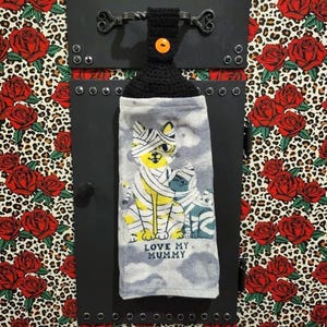 Halloween cat hanging kitchen towel - mummy pirate kitty wrap green - crochet top hand towel or tie top with button - oven fridge towel bats
