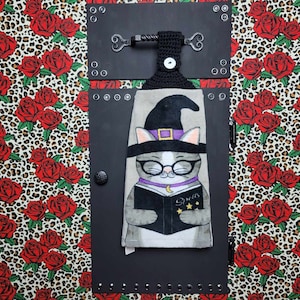 Halloween witch cat hanging kitchen towel - kitty spell book wicca - crochet top hand towel or tie top with button oven fridge bat stars
