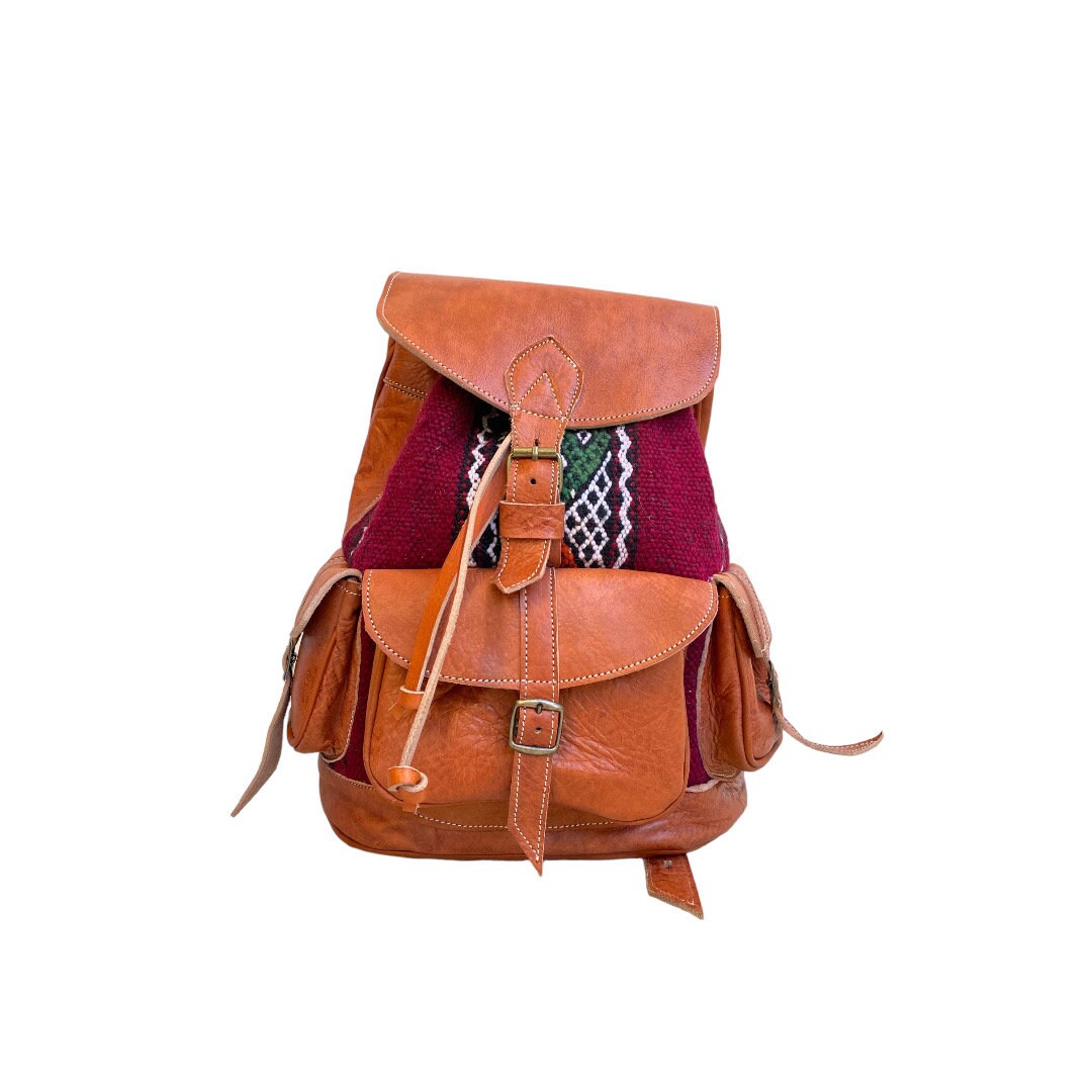 Ethnic Backpack in Leather and Moroccan Kilim, Handmade 