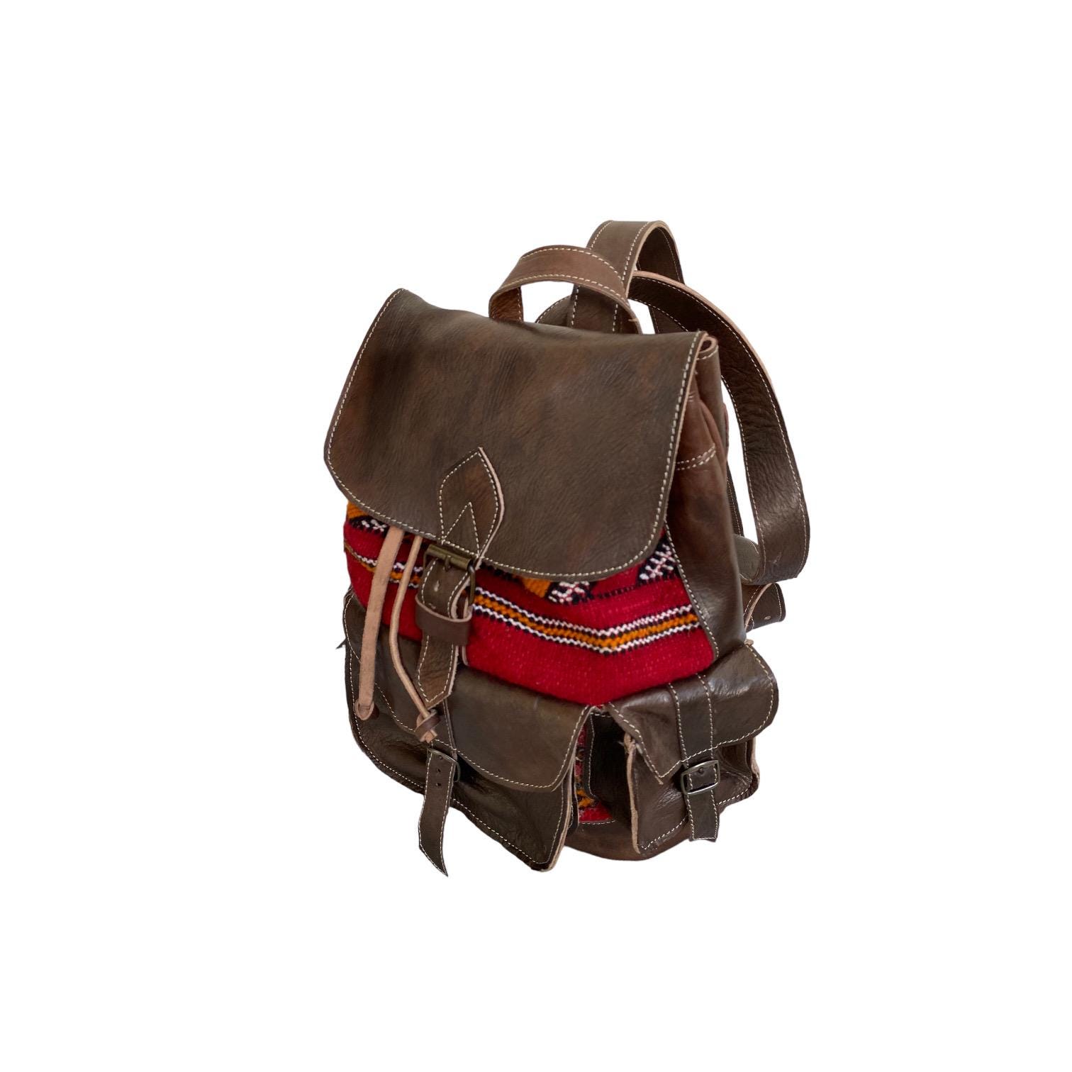 Kilim Style Southwestern Woven Backpack Sling Bag with Tan Leather Trim Mexican Tan Leather Woven Kilim Backpack / Ethnic / Ikat  main image 4