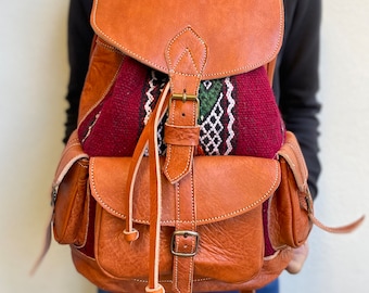Moroccan Leather and Vintage Kilim Backpack, Handmade in  display picture 2