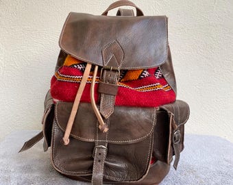 Kilim Fabric and Genuine Leather Backpack, Handmade, Boho  display picture 3