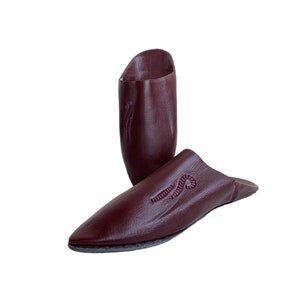 May include: A pair of burgundy leather slippers with embroidered details. The slippers have a pointed toe and a flat sole.
