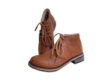 100% handmade genuine leather ankle boots in Brown color women's fashion.