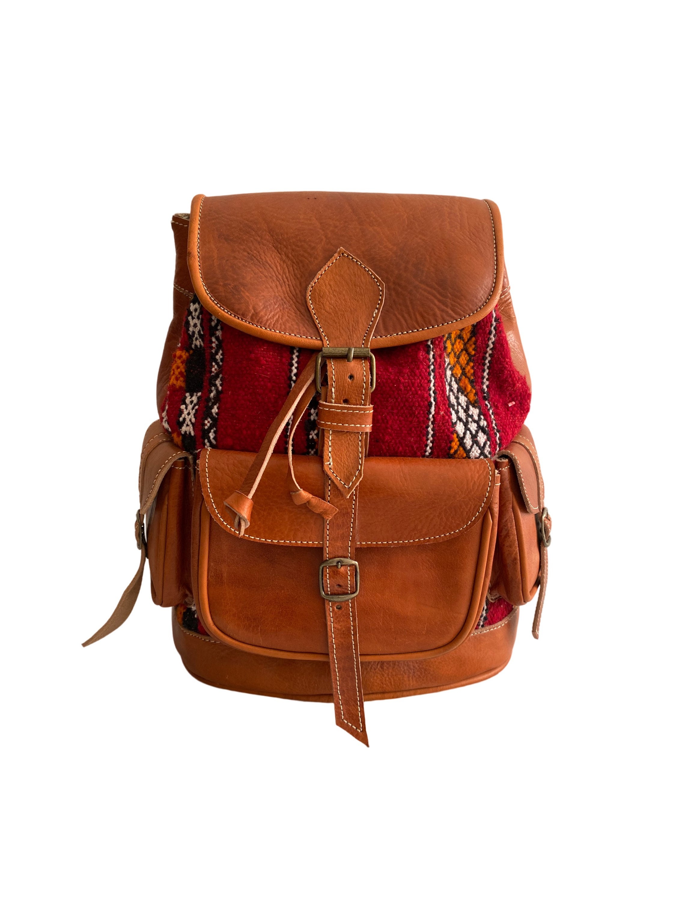 Moroccan Leather and Vintage Kilim Backpack, Handmade in  display picture 2