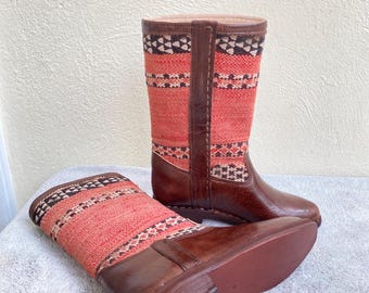 Handmade kilim leather boots, handcrafted women's boots, traditional Moroccan boots, elegant kilim rug design