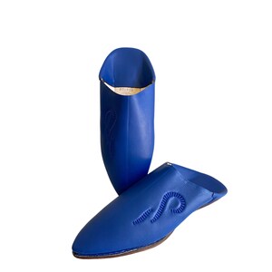 May include: A pair of blue leather slippers with embroidered designs. The slippers are pointed-toe and have a flat sole.