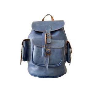 100% handmade blue genuine leather backpack.