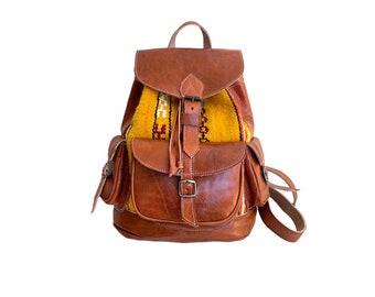 Moroccan Leather and Vintage Kilim Backpack, Handmade in 