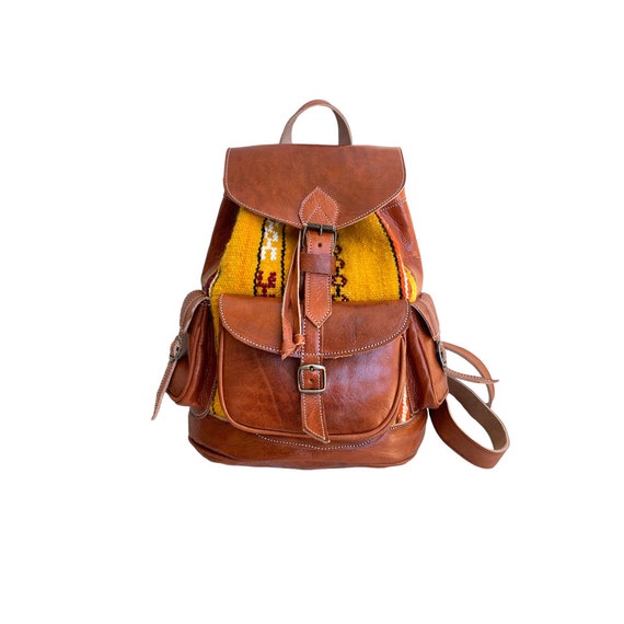 Kilim Fabric and Genuine Leather Backpack, Handmade, Boho  display picture 1