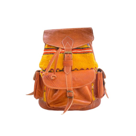 Ethnic Backpack in Leather and Moroccan Kilim, Handmade 