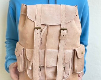 Mochila de piel auténtica beige