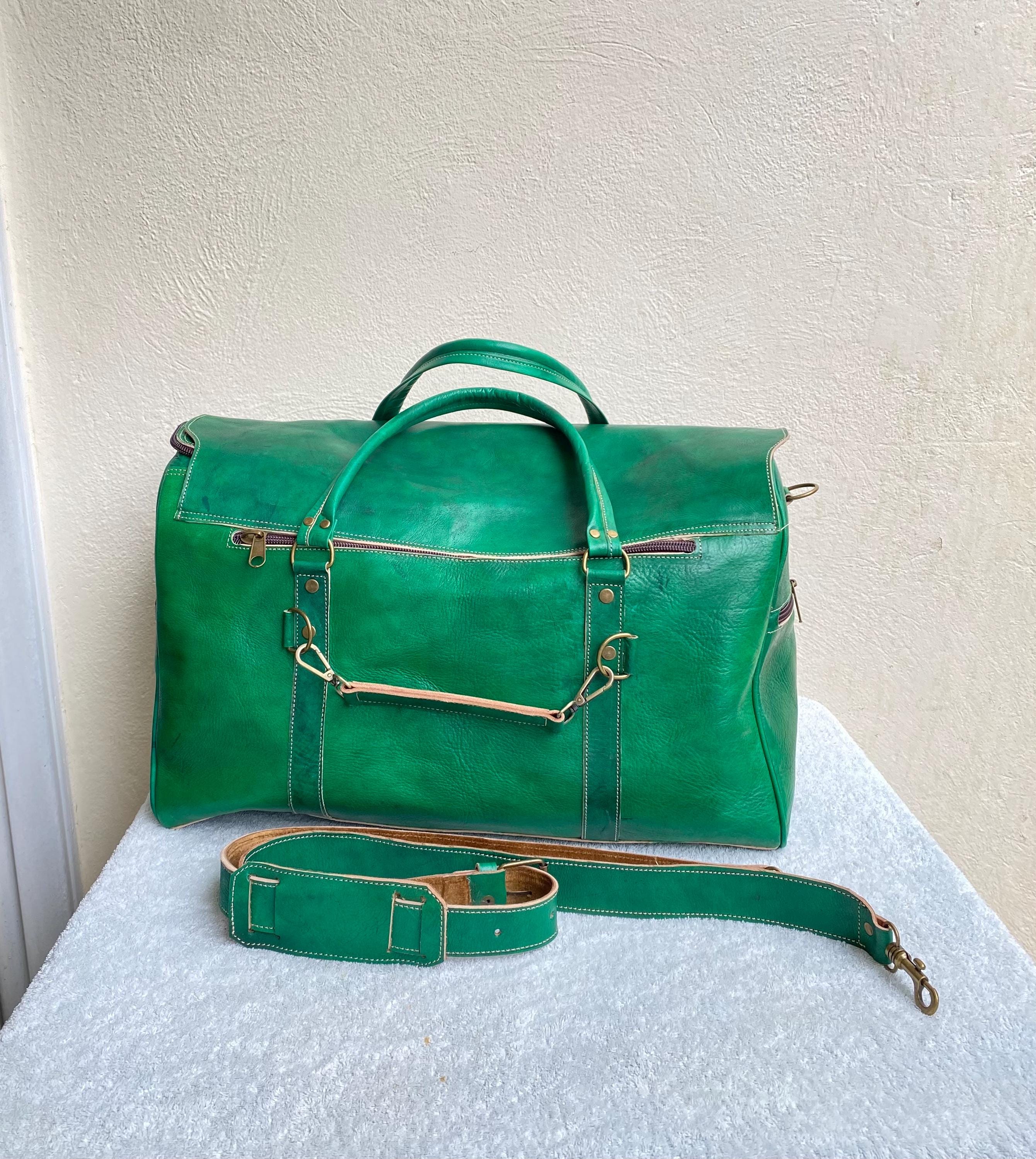Green Moroccan Leather Travel Bag, Handmade Weekend Bag, Luxury