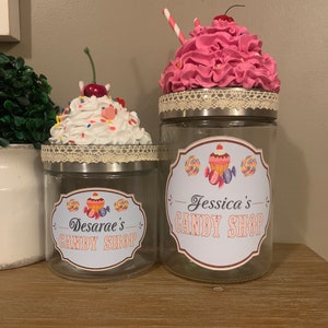 Personalized vintage looking candy shop jars