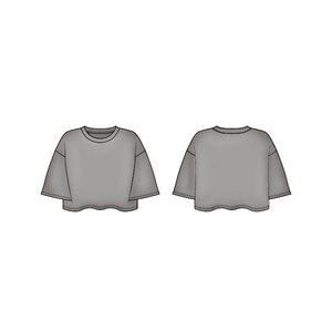 May include: A front and back view of a grey, short-sleeved crop top. The top has a crew neck and a slightly oversized fit. The sleeves are wide and end just above the elbow. The hemline is straight and cropped.