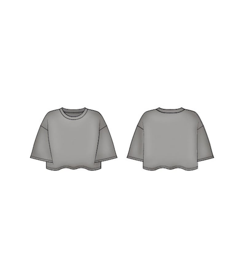 May include: A front and back view of a grey, short-sleeved crop top. The top has a crew neck and a slightly oversized fit. The sleeves are wide and end just above the elbow. The hemline is straight and cropped.
