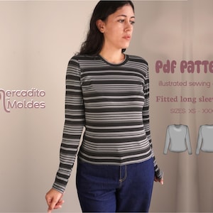 Puede incluir: Una camiseta de manga larga y entallada con rayas horizontales en tonos grises y negros. La camiseta se combina con unos vaqueros azules. La imagen incluye el texto "Pdf Pattern" y "Fitted long sleeve tee" con tallas XS-XXXL.