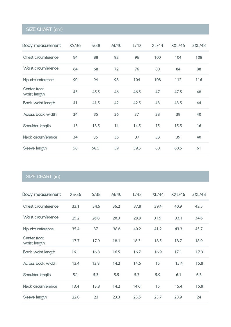 May include: A size chart in light grey, displaying measurements in centimetres and inches. The chart details body measurements including chest, waist, and hip circumference, plus sleeve and shoulder length.