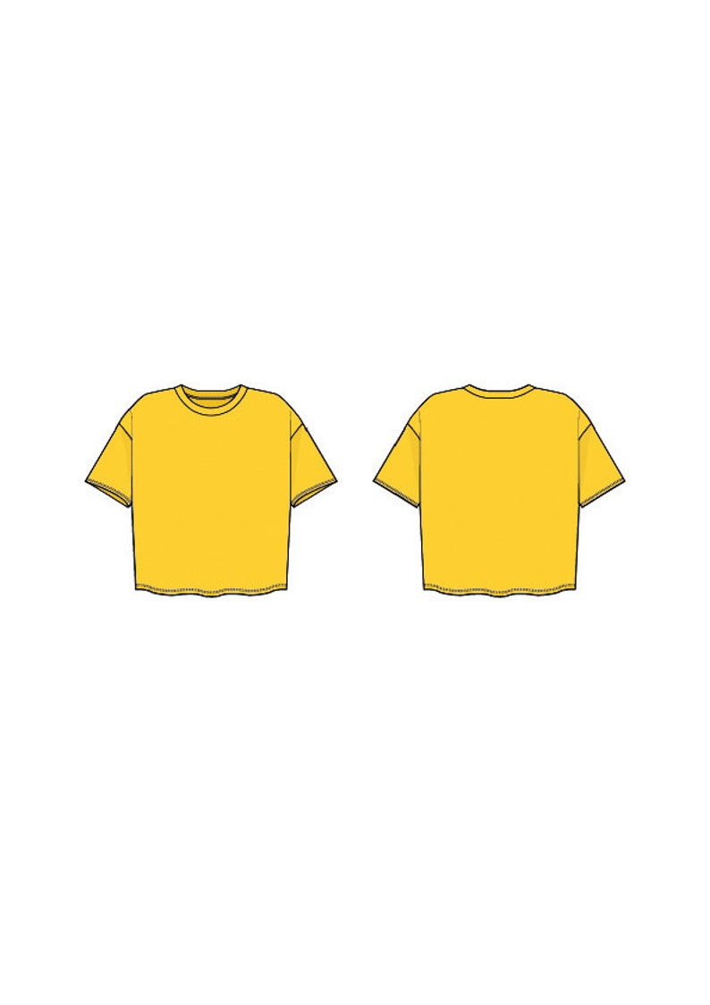 May include: A yellow short-sleeved cropped t-shirt with a crew neck. The t-shirt is shown from the front and back.