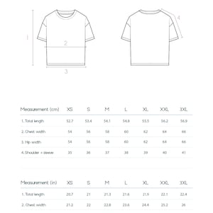 May include: A size chart for a t-shirt with measurements in inches and centimetres. The chart shows the measurements for total length, chest width, hip width, and shoulder plus sleeve for sizes XS, S, M, L, XL, XXL, and 3XL.