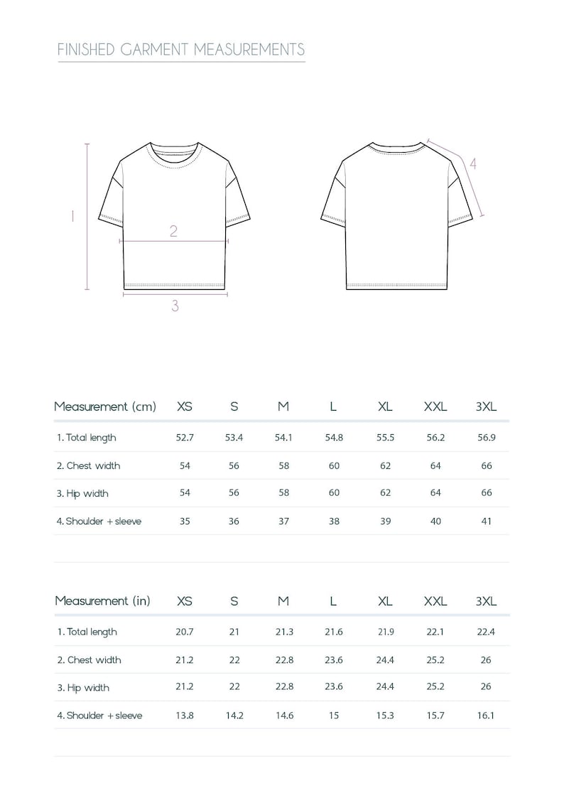May include: A size chart for a t-shirt with measurements in inches and centimetres. The chart shows the measurements for total length, chest width, hip width, and shoulder plus sleeve for sizes XS, S, M, L, XL, XXL, and 3XL.
