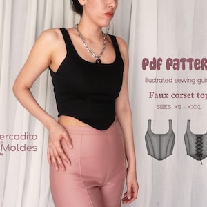 May include: Black faux corset top with a scoop neckline and a low, pointed hemline. The image includes a PDF pattern with an illustrated sewing guide. The text on the image reads "Faux corset top" and "SIZES: XS - XXXL".