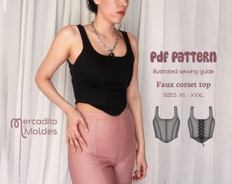 Puede incluir: Top de corsé negro con escote redondo y bajo puntiagudo. La imagen incluye un patrón PDF con una guía de costura ilustrada. El texto de la imagen dice "Faux corset top" y "SIZES: XS - XXXL".