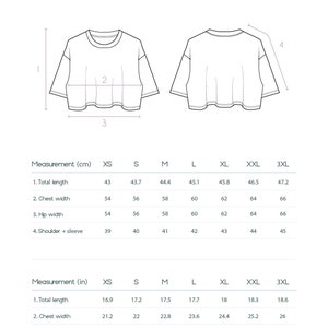May include: Diagram showing a cropped t-shirt with measurements in both centimetres and inches. The diagram details total length, chest width, hip width, and shoulder plus sleeve measurements for sizes XS to 3XL.