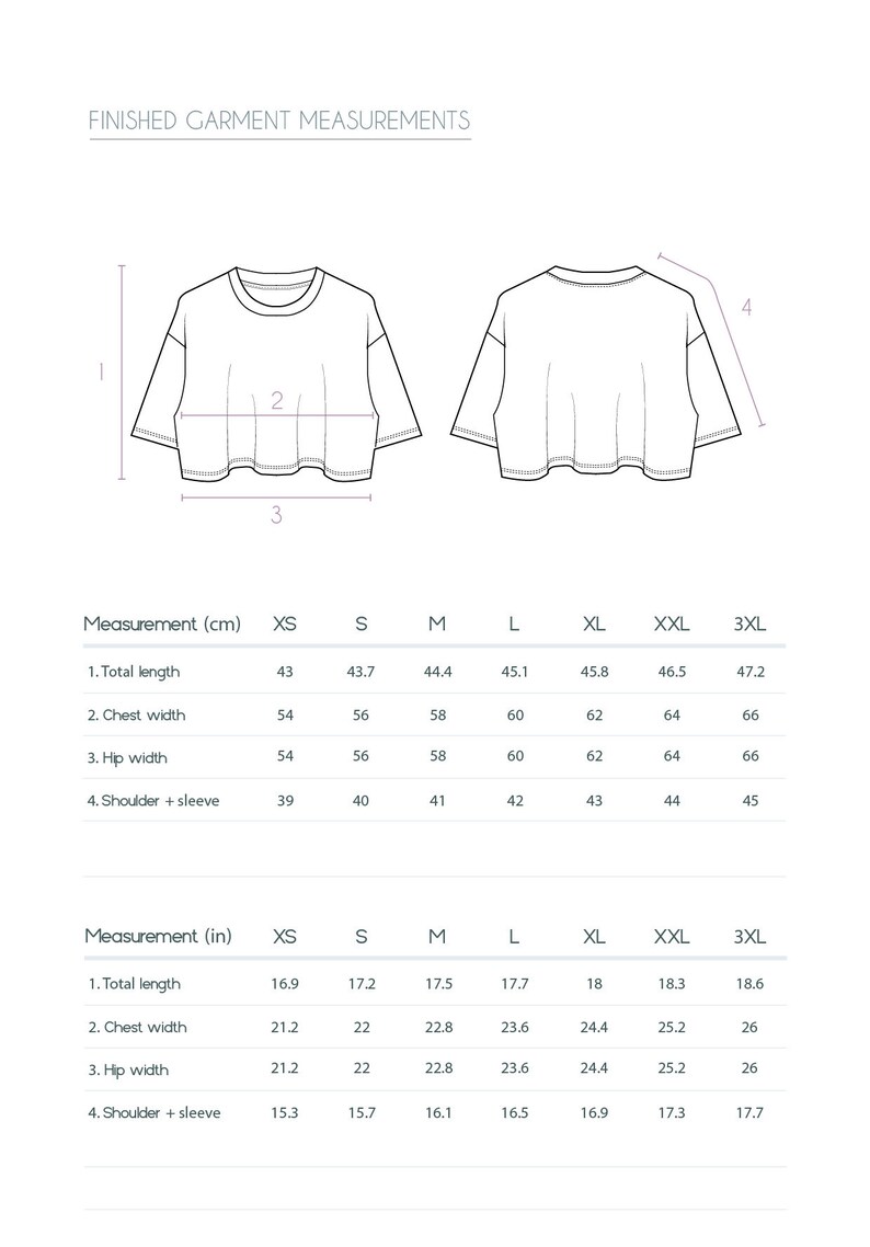 May include: Diagram showing a cropped t-shirt with measurements in both centimetres and inches. The diagram details total length, chest width, hip width, and shoulder plus sleeve measurements for sizes XS to 3XL.