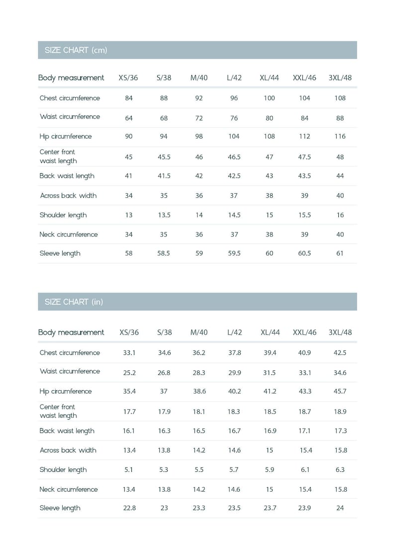 May include: Size chart for clothing in both centimetres and inches. The chart shows measurements for chest, waist, hip, centre front waist length, back waist length, across back width, shoulder length, neck circumference, and sleeve length. Sizes range from XS to 3XL.