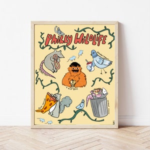 Op de afbeelding: Een gele geïllustreerde poster met de tekst "Philly Wildlife" en afbeeldingen van een pretzelrat, een wilde Gritty, een pizza-eekhoorn, een houtduif, een prullenbak met een opossum en een blauwe vogel.