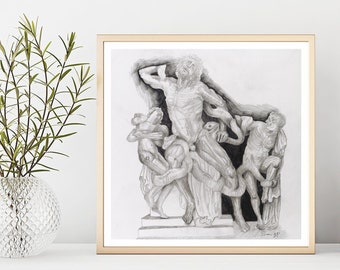 Laocoön & Sons Illustration, Druck von Original Graphit Zeichnung, Statue Anatomie Fine Art