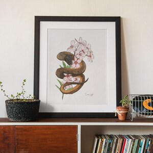 Schlangen und Blumen Liebhaber Wand dekor, Druck von Original Aquarell, Herpetologie Geschenk, Oleander & Inland Taipan, Botanische Kunst Poster