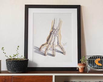 Anatomische Handstudie, Druck von Original Aquarell, Skelett Palm Fine Art