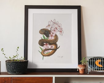 Schlangen und Blumen Liebhaber Wand dekor, Druck von Original Aquarell, Herpetologie Geschenk, Oleander & Inland Taipan, Botanische Kunst Poster
