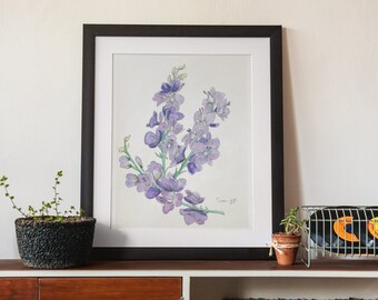 Rittersporn Blume Aquarell Druck, Botanische Wandkunst für Naturliebhaber Geschenk, Juli Geburtsblume