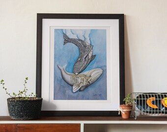 Nordkaper, Druck von Original Aquarell, Unterwasser Anatomie Dekor